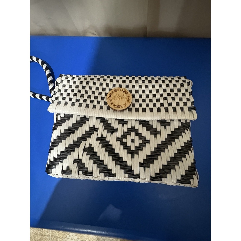 Maria Victoria Multicolor PVC Wristlet Bag Handcrafted in Mexico Black White